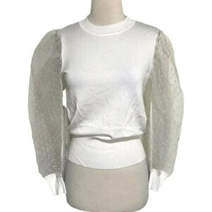 Ali + Andi Mesh Puff Sleeve Sweater S White Polka Dot Swiss Dot Ribbed Knit Top